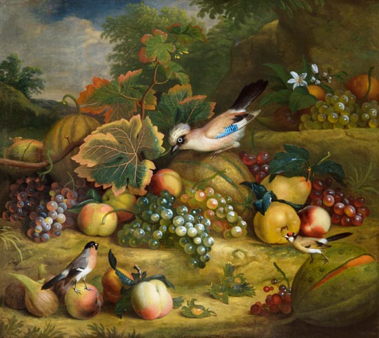 Obststilleben mit Eichelhäher und Finken in einer Landschaft. von Tobias Stranover