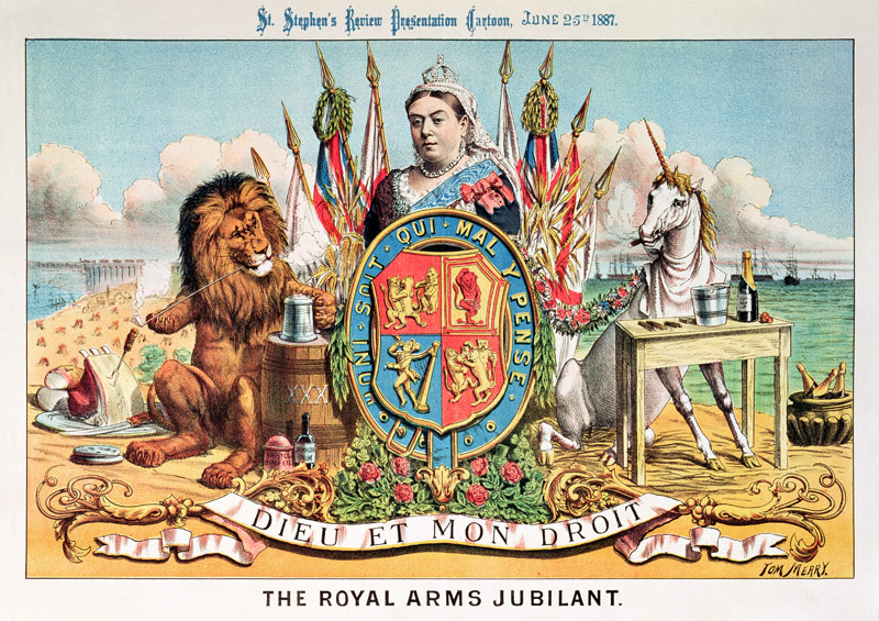 The Royal Arms Jubilant, from 'St. Stephen's Review Presentation Cartoon', 25 June 1887 (colour lith von Tom Merry