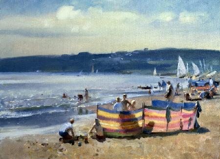 Children on the Beach at Abersoch (oil on canvas) 