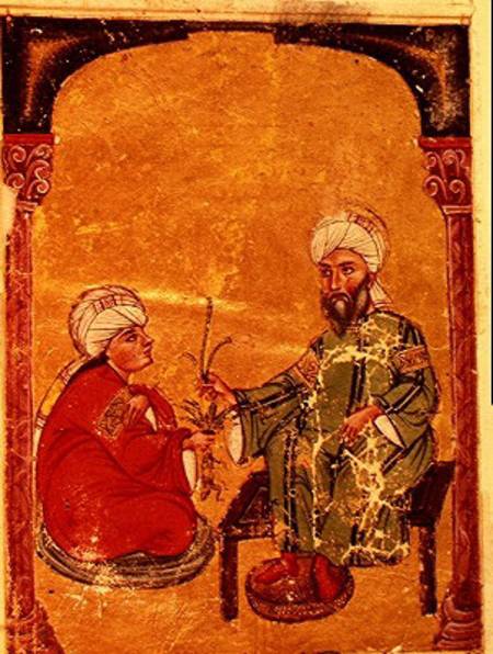 Sultan Ahmet III (1673-1736) with one of his disciples, from 'De Materia Medica' by Dioscorides von Turkish School