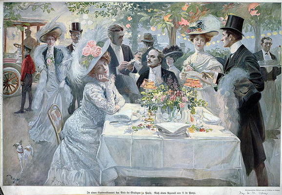 'In a restaurant in the Bois de Boulogne in Paris', late 19th century (colour litho) von U de Parns