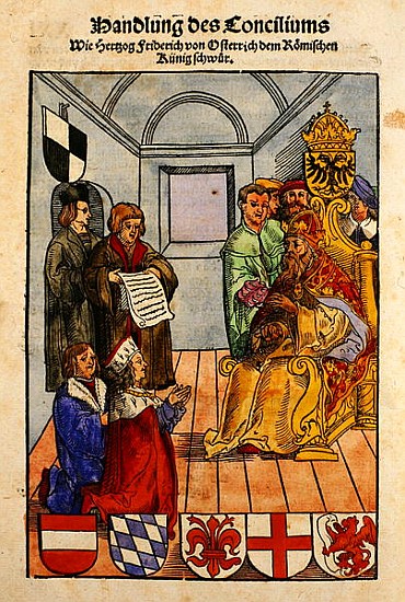 Frederick IV, Duke of Austria, declaring his fealty to the Emperor at the Council of Constance, from von Ulrich von Richental