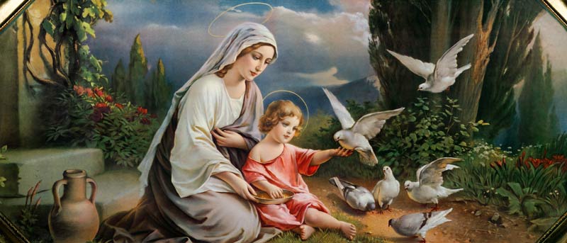 Maria und das Jesuskind mit Tauben spielend in einer idealisierten Landschaft von (um 1900) Anonym