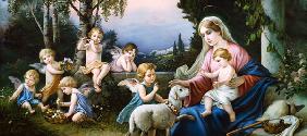 Maria mit Jesuskind, Schaf und Putten in einer idealisierten Landschaft. um 1900