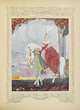 Die Seite nahm das Pferd der Prinzessin am Zaumzeug und führte, Illustration aus "Contes du Temps Ja 1912