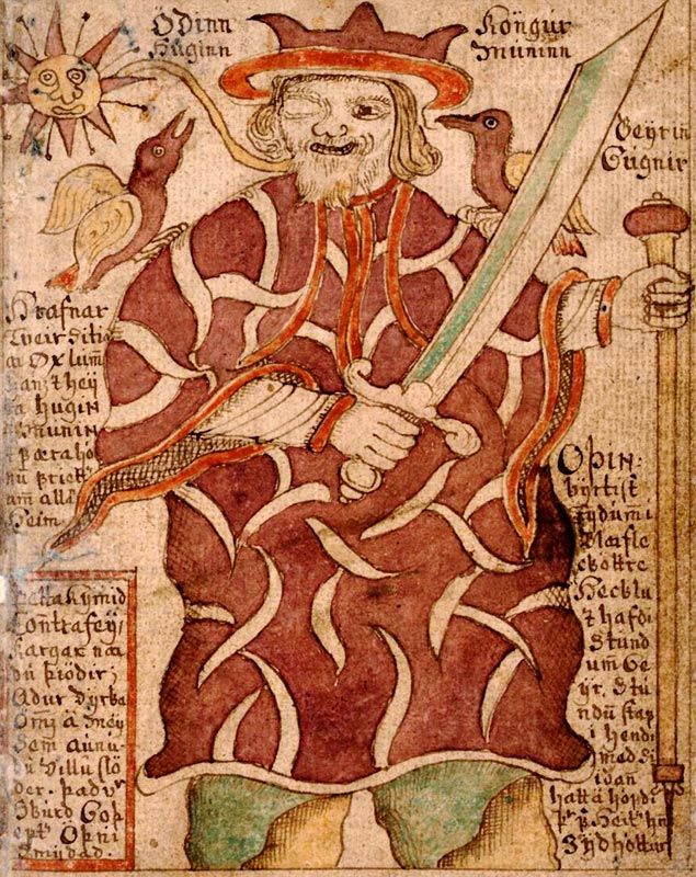 Odin mit den beiden Raben Hugin und Munin und mit Waffen (aus dem isländischen Manuskript SÁM 66) von Unbekannter Künstler