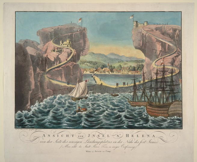 Ansicht der Insel St. Helena von der Seite des einzigen Landungsplatzes in der Nähe des Fort James von Unbekannter Künstler