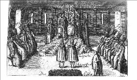 Audienz bei Iwan V., Peter I. und Sofia Alexejewna (aus Georg Adam Schleissing "Derer beyden Czaaren 1693