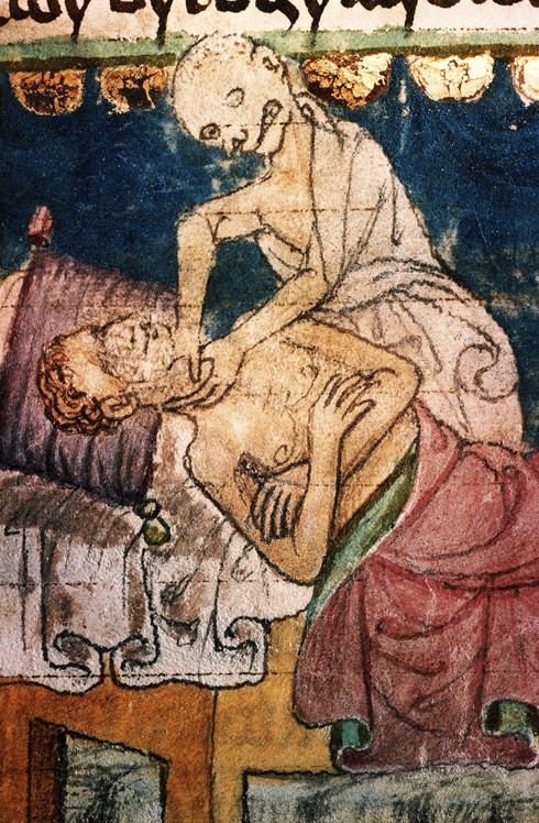 Der Tod erwürgt Pestopfer. Buchmalerei aus dem böhmischen Codex Stiny von Unbekannter Künstler