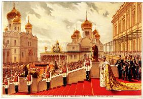 Die Krönungszeremonie des Zaren Nikolaus II. Auf der Roten Treppe des Facettenpalastes 1896
