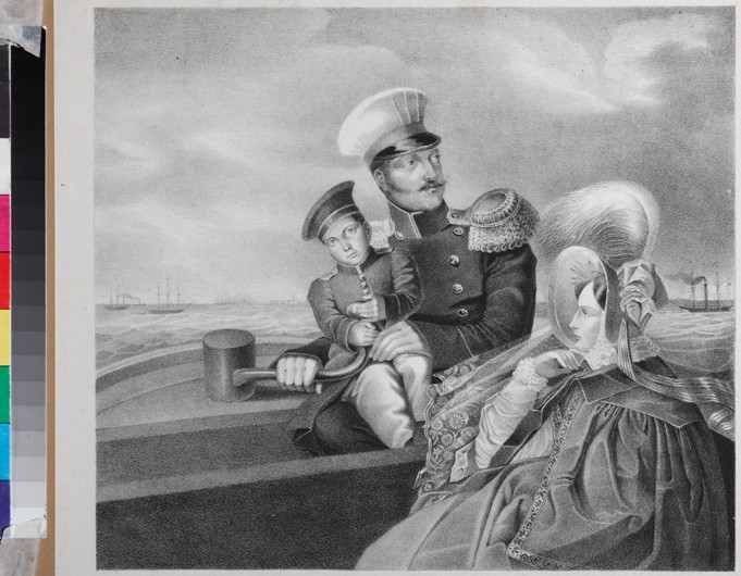 Kaiser Nikolaus I. und Kaiserin Alexandra Fjodorowna mit Sohn Konstantin Nikolajewitsch auf einer Bo von Unbekannter Künstler