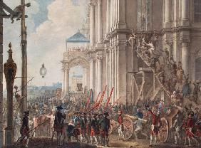 Katharina II. auf dem Balkon des Winterpalastes am Tag der Palastrevolution am 28. Juni 1762