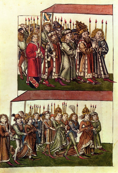 König Sigismund und Königin Barbara auf dem Zug ins Münster (Illustration aus der Richentals Chronik von Unbekannter Künstler