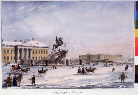 Reitermonument Peters des Grossen auf dem Senatsplatz von Sankt Petersburg im Winter 1822