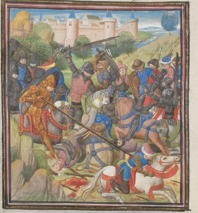 Schlacht zwischen Kreuzrittern unter der Führung von Balduin II. und Sarazenen. Miniatur aus der "Hi von Unbekannter Künstler