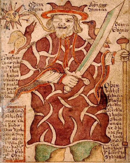 Odin mit den beiden Raben Hugin und Munin und mit Waffen (aus dem isländischen Manuskript SÁM 66)