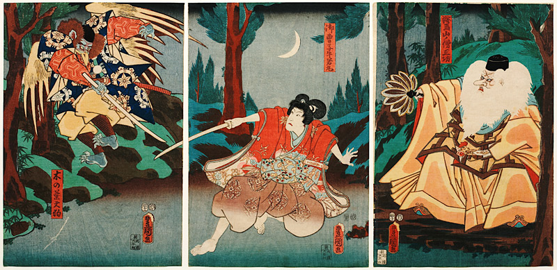 Tengu-Abtkönig Sojobo erteilt Ushiwakamaru Fechtunterricht von Utagawa Kunisada