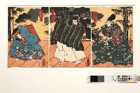 Minamotono Yoshitsune und Musashibo Benkei vor Fürst Togashino Saemon (Aus dem Kabuki-Schauspiel Ben 1859