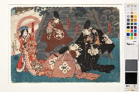 Moronao beleidigt den Fürsten Momonoi und die Gemahlin von Fürst Enya (Erster Akt aus dem Kabuki-Sch 1849