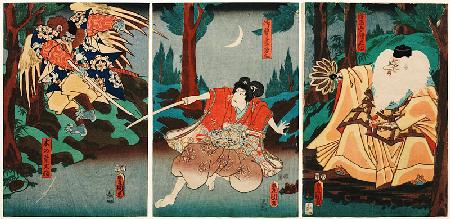Tengu-Abtkönig Sojobo erteilt Ushiwakamaru Fechtunterricht 1856