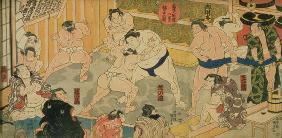 One of eight views of Kanjin Sumo, pub. by Tsutaya, 19th century, (triptych, oban size, colour woodb 1780