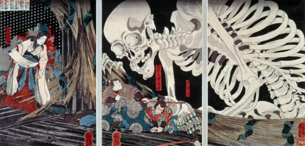 Mitsukini Defying the Skeleton Spectre, c.1845 (hand coloured woodcut print) von Utagawa Kuniyoshi