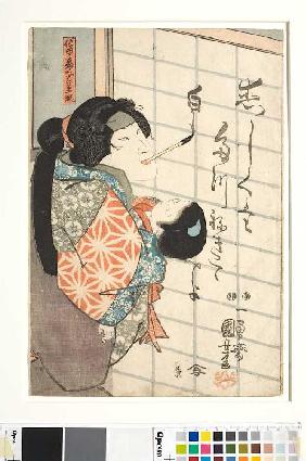 Der Frauendarsteller Bando Shuka als die weiße Füchsin Kuzunoha (Vierter Akt aus dem Kabuki-Schauspi 1850