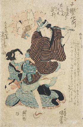 Sawamura Tosho als Heimkehrer vom Kirschblütenfest und Segawa Michinosuke als die Schlagersängerin O Um 1830