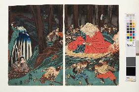 Ushiwakamaru folgt den Anweisungen des Sojobo und übt sich im Schwertkampf Um 1851