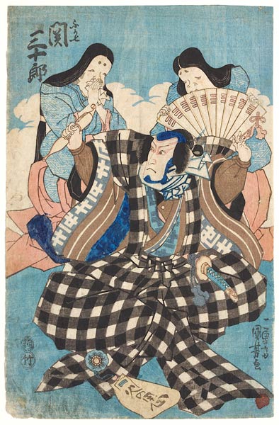 Bühnenszene aus einem Kabuki-Schauspiel mit Seki Sanjuro und zwei Frauendarstellern von Utagawa Kuniyoshi