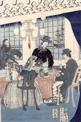 The salon of a house of foreign merchants at Yokohama, 1861 (colour woodblock print) von Utagawa Sadahide