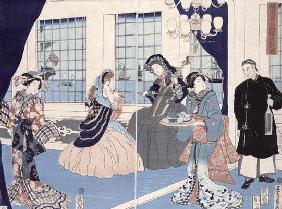 The salon of a house of foreign merchants at Yokohama, 1861 (colour woodblock print) 15th