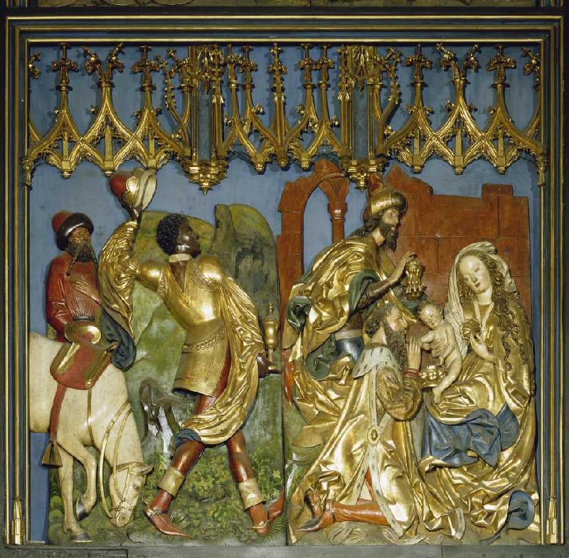 Der Krakauer Marienaltar: Die Anbetung der Heiligen Drei Könige (linkes unteres Flügelrelief) von Veit Stoß