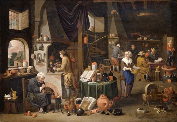 Interior with an alchemist and his assistants. von Victor Mahu