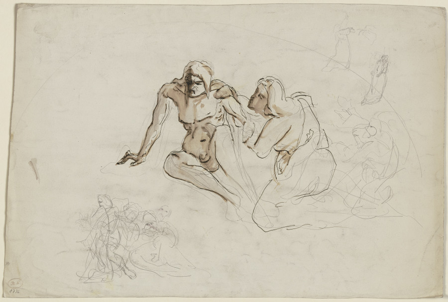 Auf dem Boden sitzender, übellauniger männlicher Akt, von einer neben ihm knienden weiblichen Gestal von Victor Müller