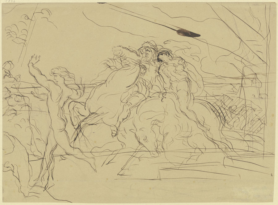 Nackter Jüngling, vor zwei Reitern mit erhobenen Armen einherlaufend von Victor Müller