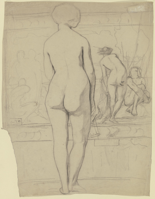 Weiblicher Rückenakt mit einem Ausstellungskatalog in der Rechten vor einem Gemälde mit Aktfiguren von Victor Müller
