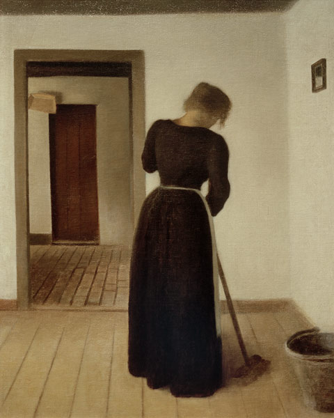Interieur mit einer jungen Frau beim Fegen von Vilhelm Hammershöi