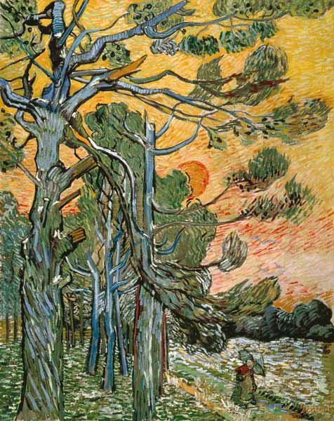 Kiefern mit untergehender Sonne und weiblicher Figur von Vincent van Gogh