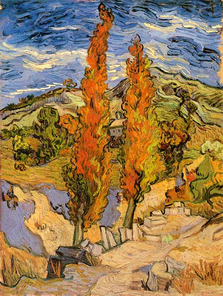 Zwei Pappeln an einem Weg durch die Hügel von Vincent van Gogh
