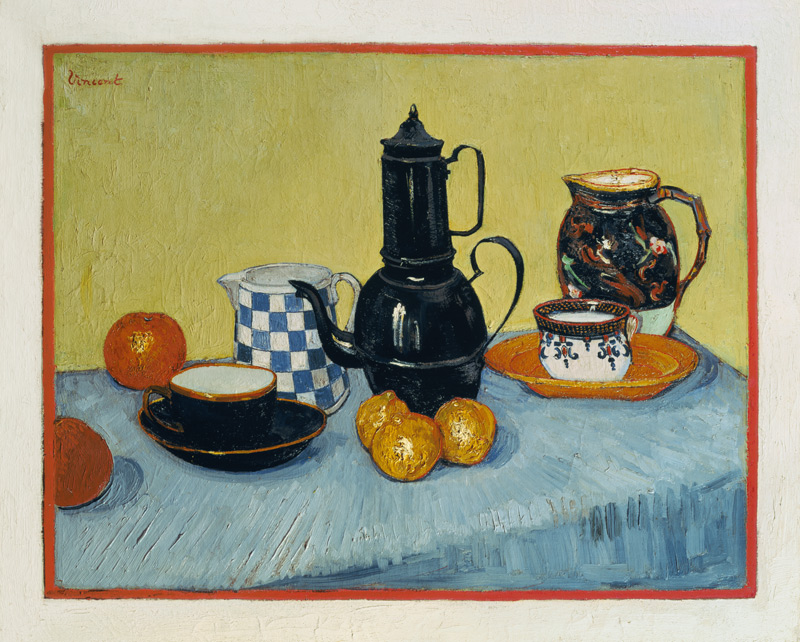 Stilleben mit blau emaillierter Kaffeekanne, Steingut und Obst von Vincent van Gogh