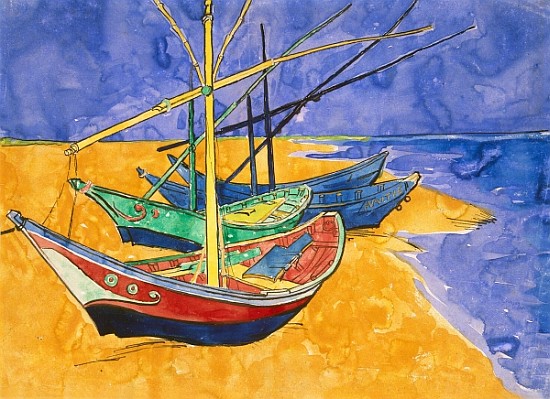 Fishing Boats on the Beach at Saintes-Maries-de-la-Mer (pen & ink with w/c on paper) von Vincent van Gogh