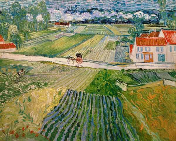 Landschaft mit Pferdewagen und Zug im Hintergrund von Vincent van Gogh