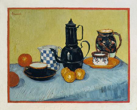 Stilleben mit blau emaillierter Kaffeekanne, Steingut und Obst 1888