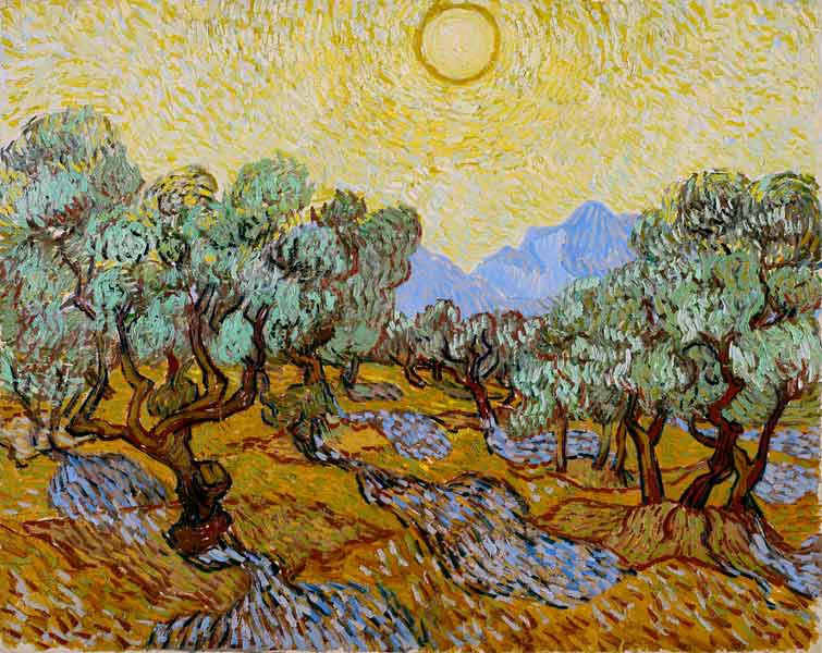 Olivenbäume mit gelbem Himmel und Sonne 1889