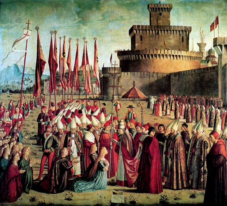 Die Pilger werden von Papst Cyriacus vor den Wänden von Rom getroffen (Szenen aus dem Leben der heil von Vittore Carpaccio