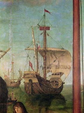 The Meeting and Departure of the Betrothed, from the St. Ursula Cycle, detail of a ship, 1490-96 (oi 1851