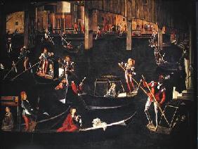 Gondoliers on the Grand Canal, detail from The Miracle of the Relic of the True Cross on the Rialto 1494