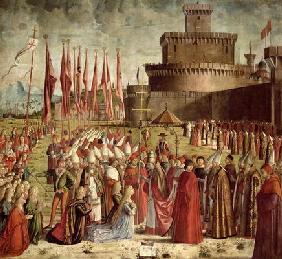 The Pilgrims Meet Pope Cyriac before the Walls of Rome, from the St. Ursula Cycle, 1498 (oil on canv 18th