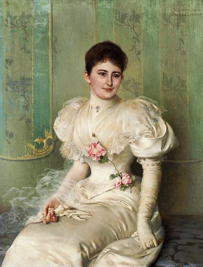 Portrait einer Dame in einem weißen Kleid 1895